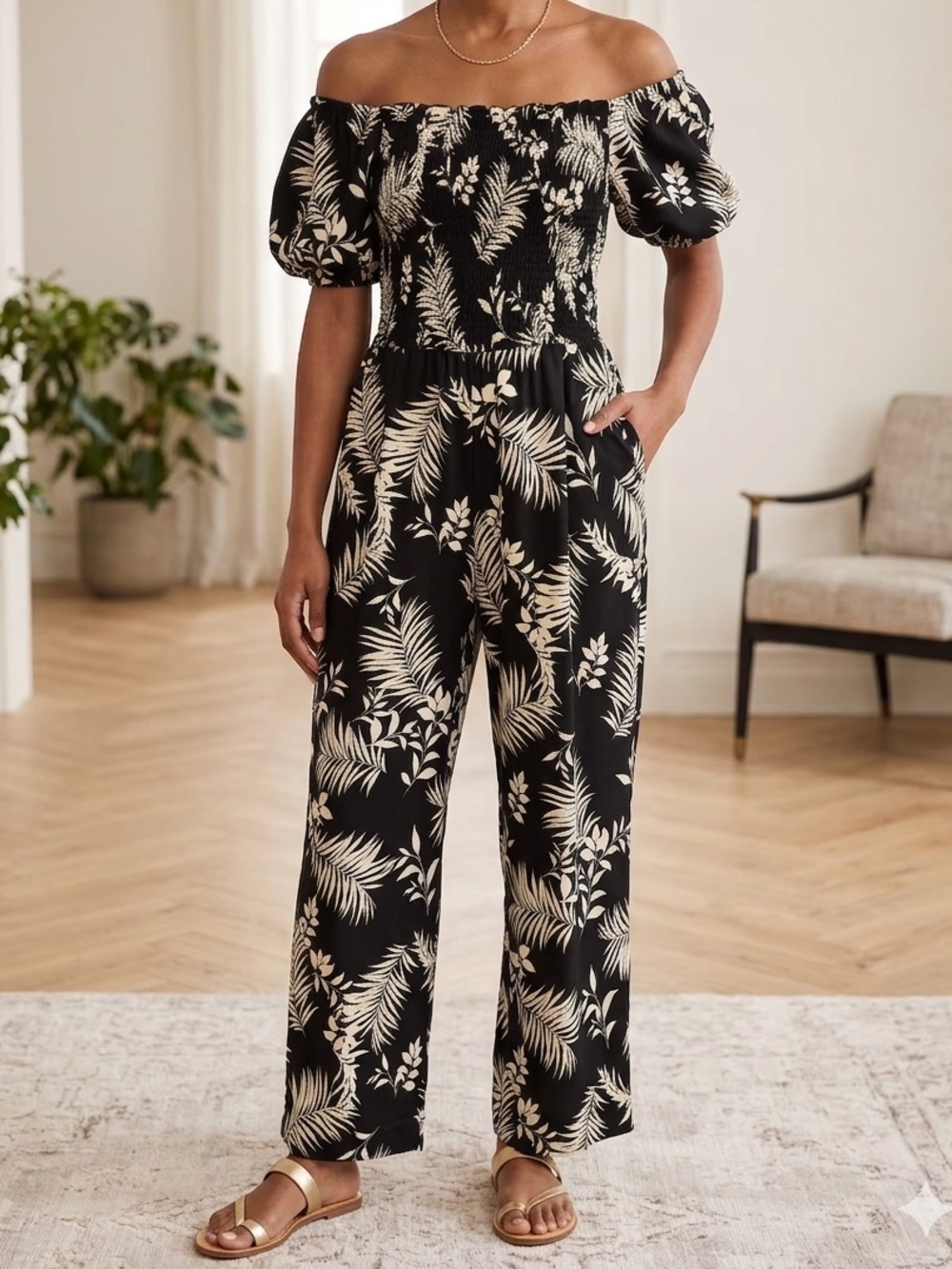 Tropical Palm Leaf Smocked Puff Sleeve Jumpsuit Black White Wide Leg Boho M 1762